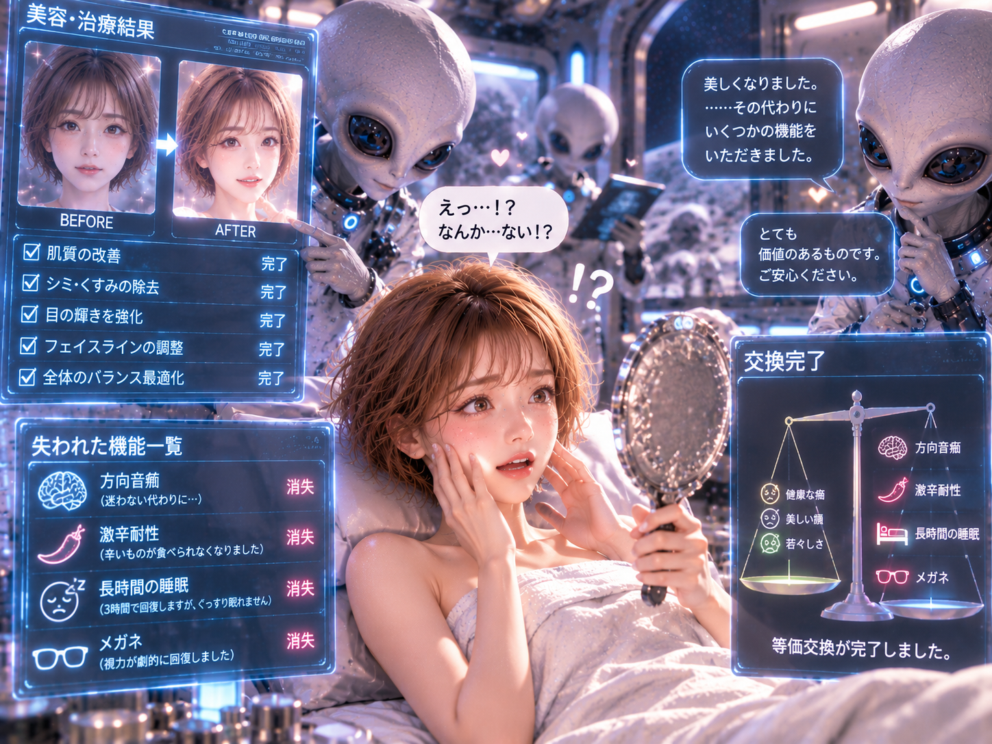 「美貌の代償」のような表示が出たシーン