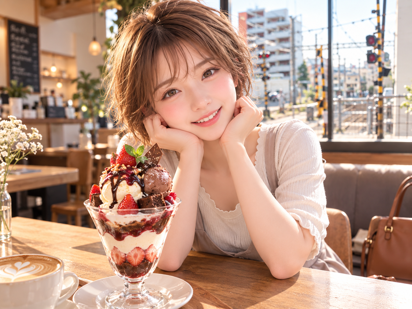 カフェでパフェを前にしている、べっぴんさんな「ある」