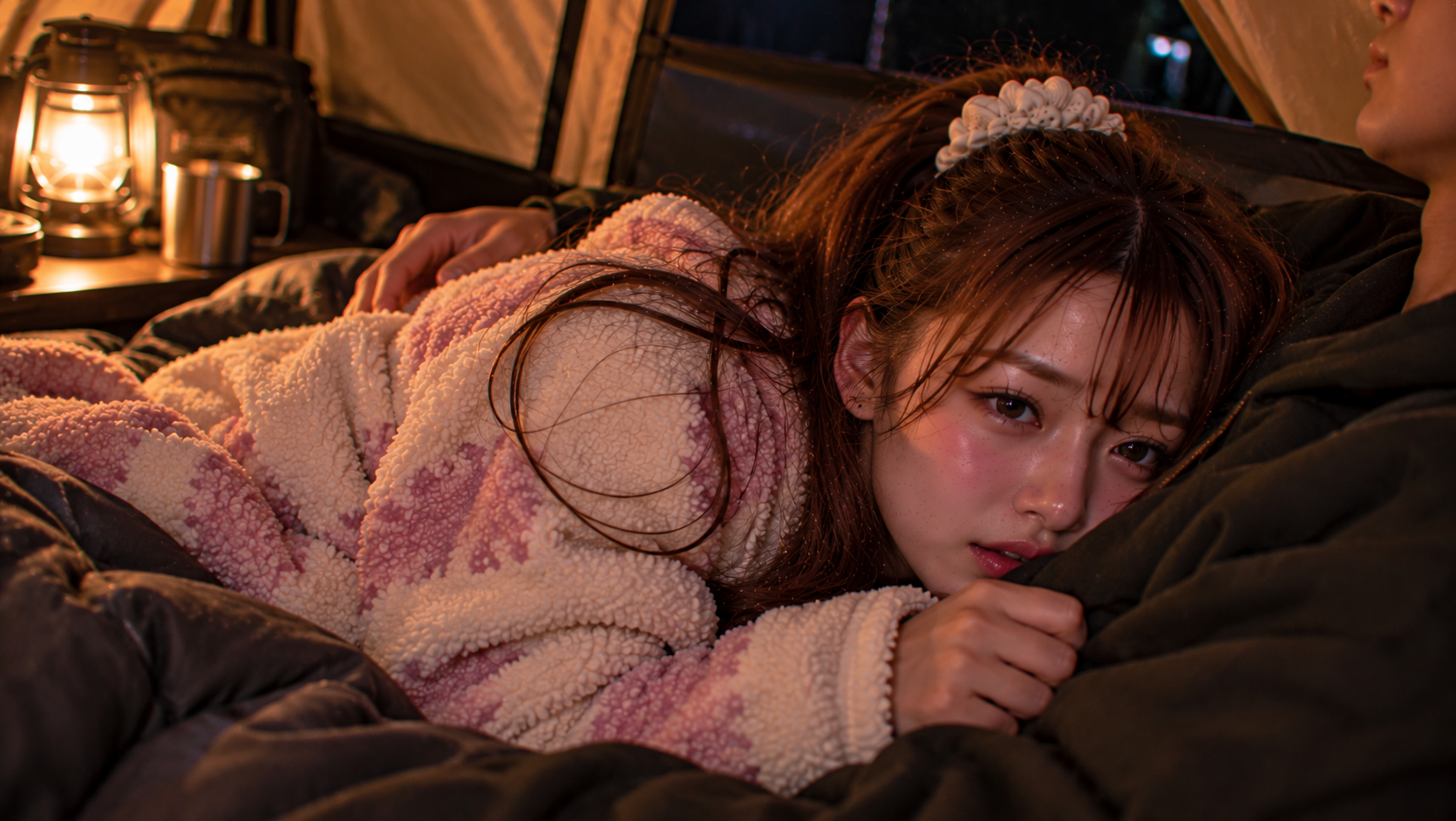 テントの中でヒトナに寄り添って眠るエリカ