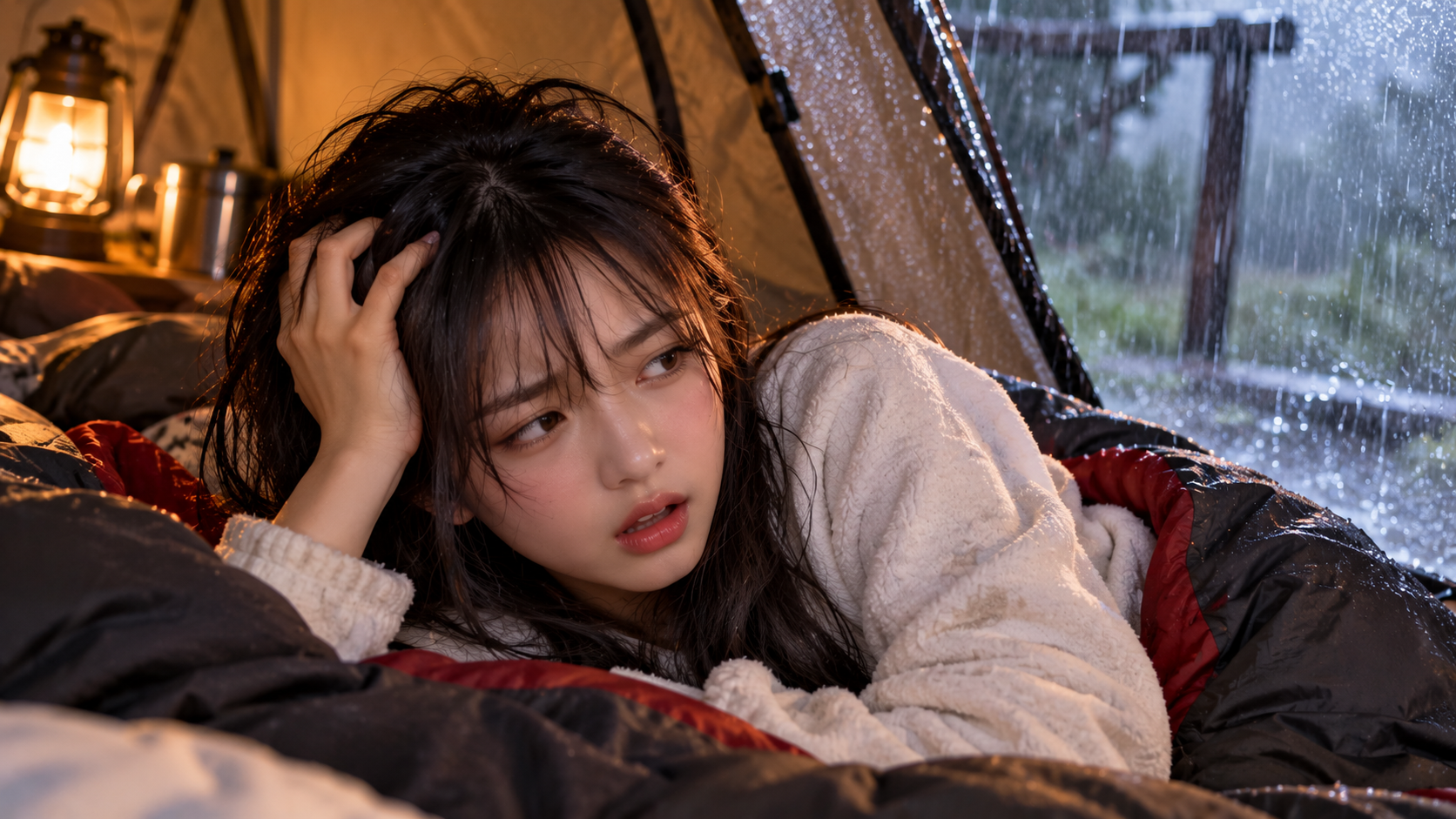 激しい雨音で目を覚ますエリカ