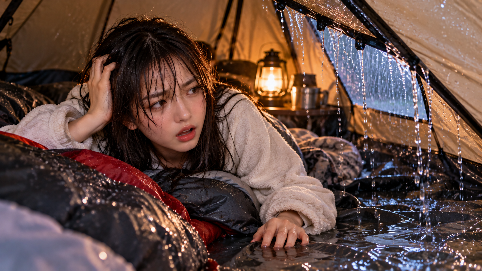 テント内にまで雨が侵入して慌てるエリカ