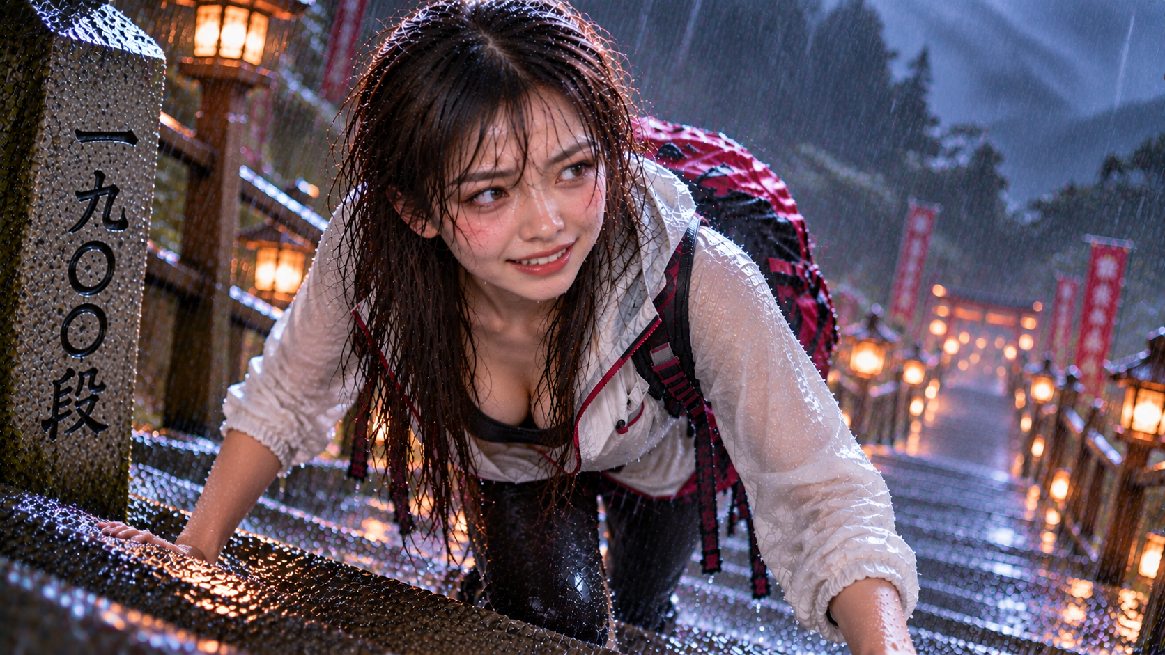 2000段を目指して豪雨の石段を登るエリカ