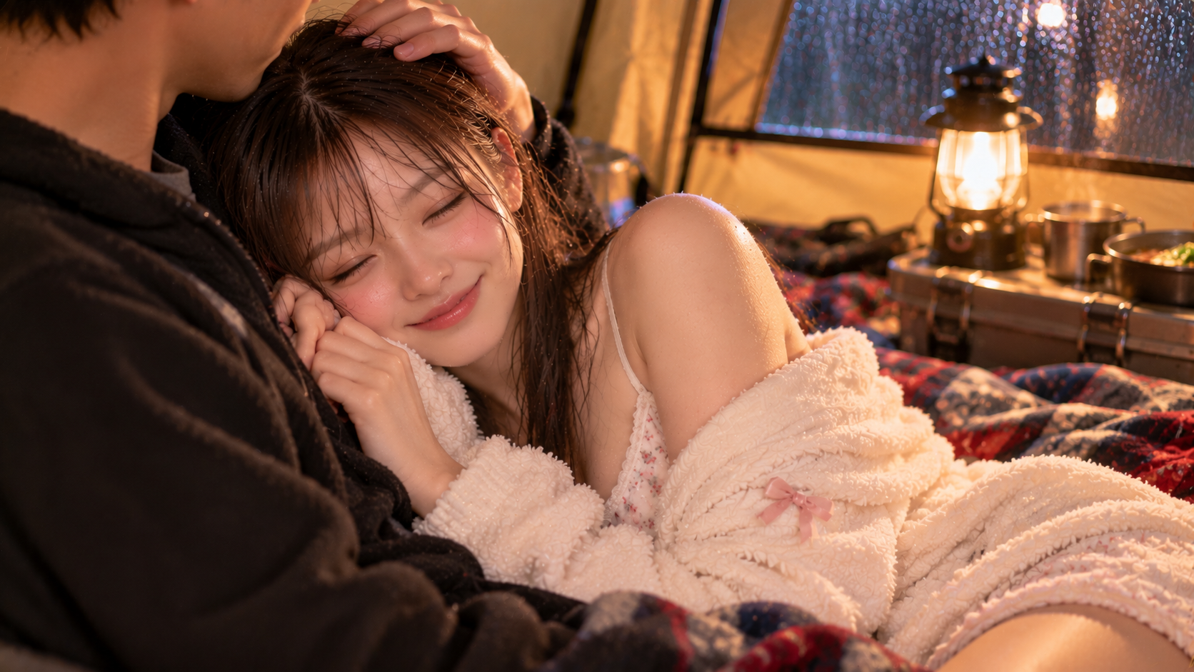 ヒトナに寄り添い、頭を撫でられて嬉しそうな清楚系エリカ