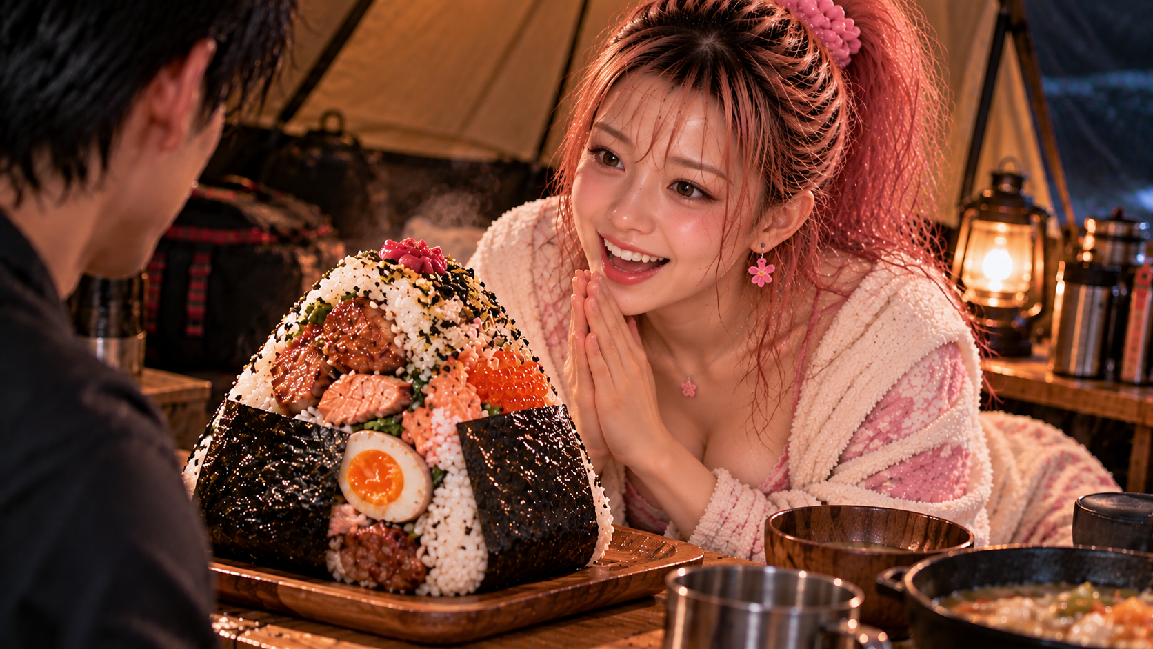 巨大なご褒美おにぎりを嬉しそうに食べるエリカ