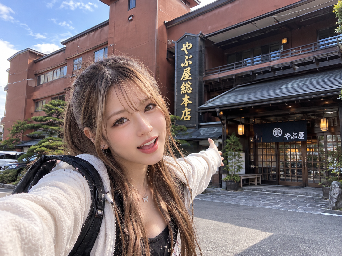 やぶ屋花巻総本店の前で、これから蕎麦を食べる気満々のエリカ