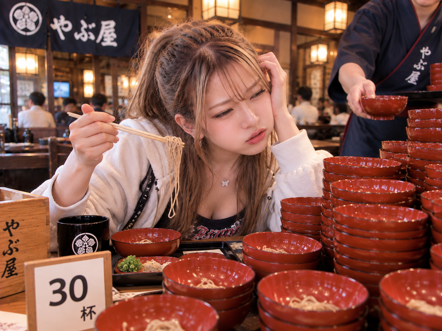 30杯地点。まだ笑顔で元気いっぱいにわんこそばを食べているエリカ