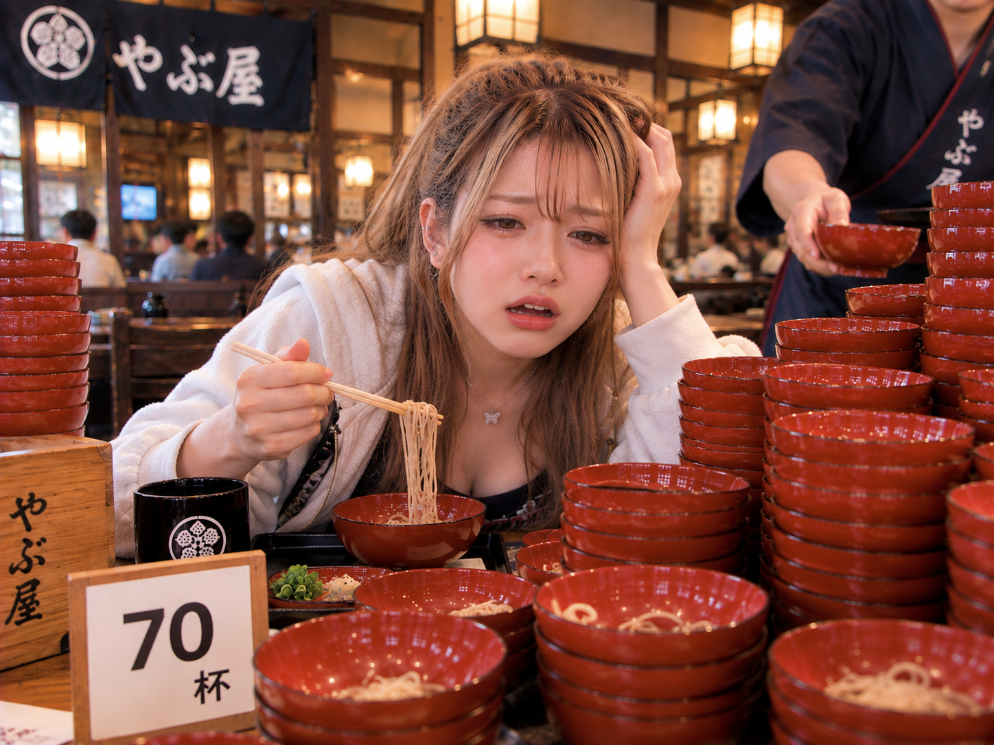 70杯地点。かなり苦しくなり、必死の表情で次のお椀と向き合うエリカ
