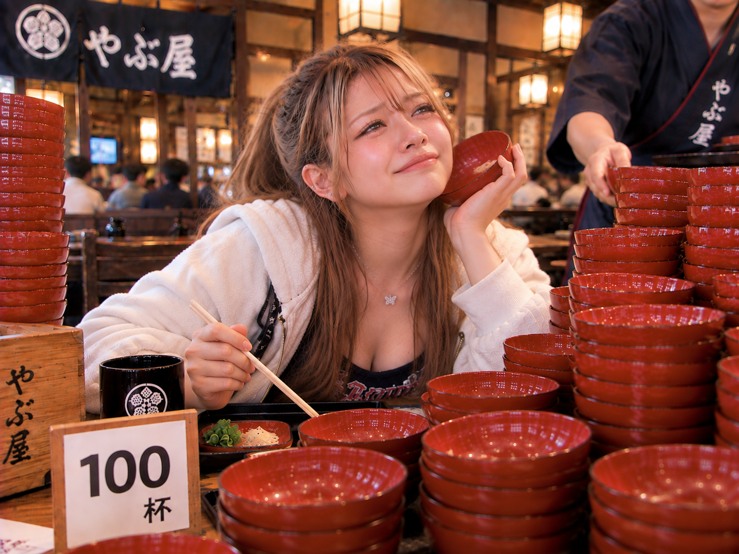 100杯達成。積み上がったお椀を前に、空のお椀を頬に当てて、涙目になりながら満足そうに笑うエリカ