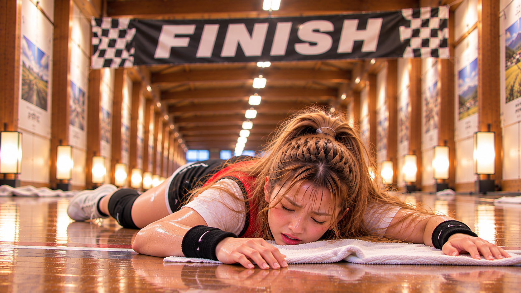 FINISH地点まで到達し、そのまま完全に力尽きて床にうつ伏せで倒れているエリカ