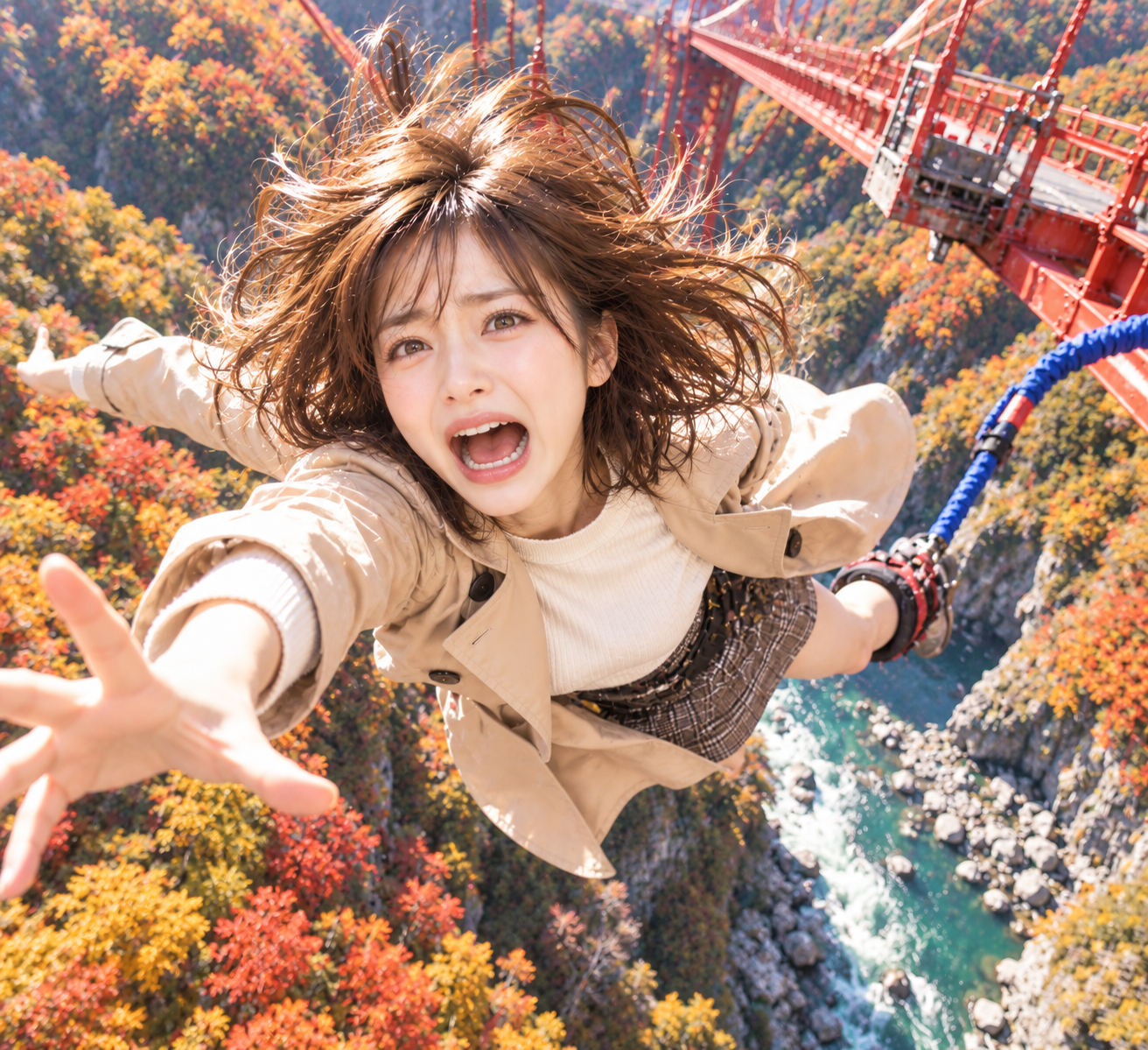 赤い大吊橋から真っ逆さまに紅葉の渓谷へ大絶叫ダイブするはる