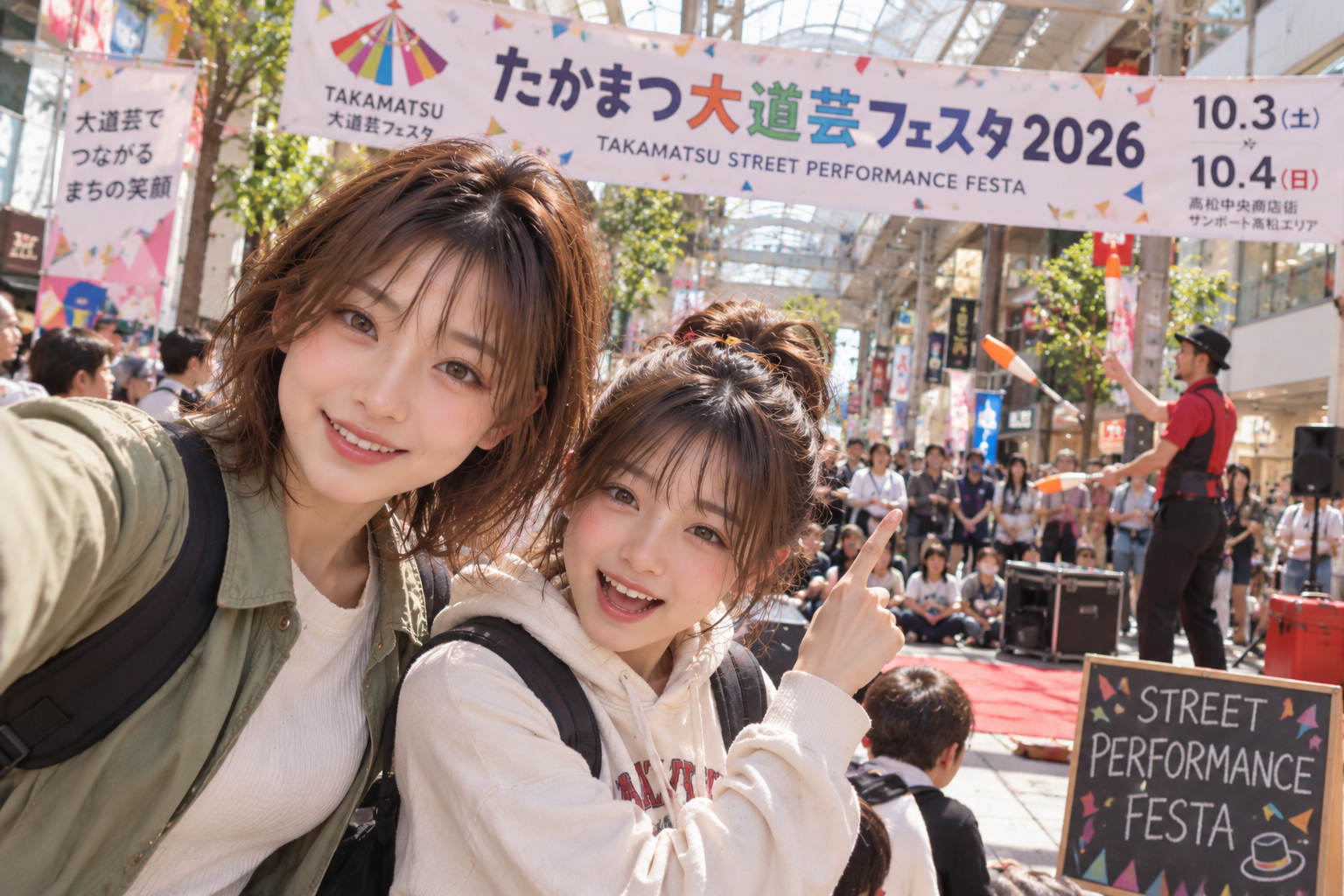 たかまつ大道芸フェスタの会場へ二人を召喚した場面