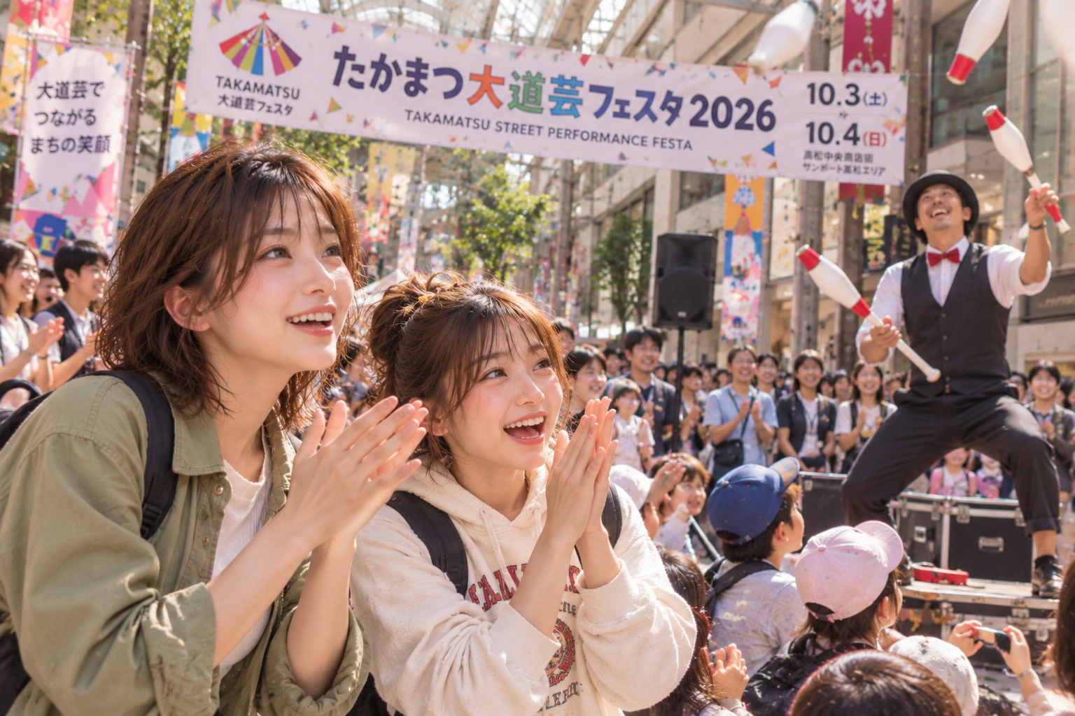 大道芸のパフォーマンスを楽しむ二人
