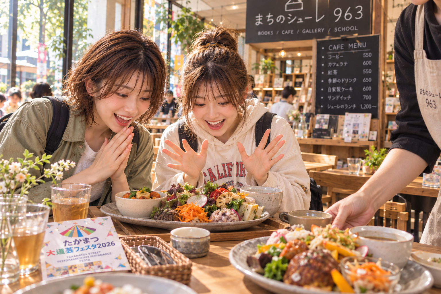 カフェで料理やスイーツを楽しむ二人