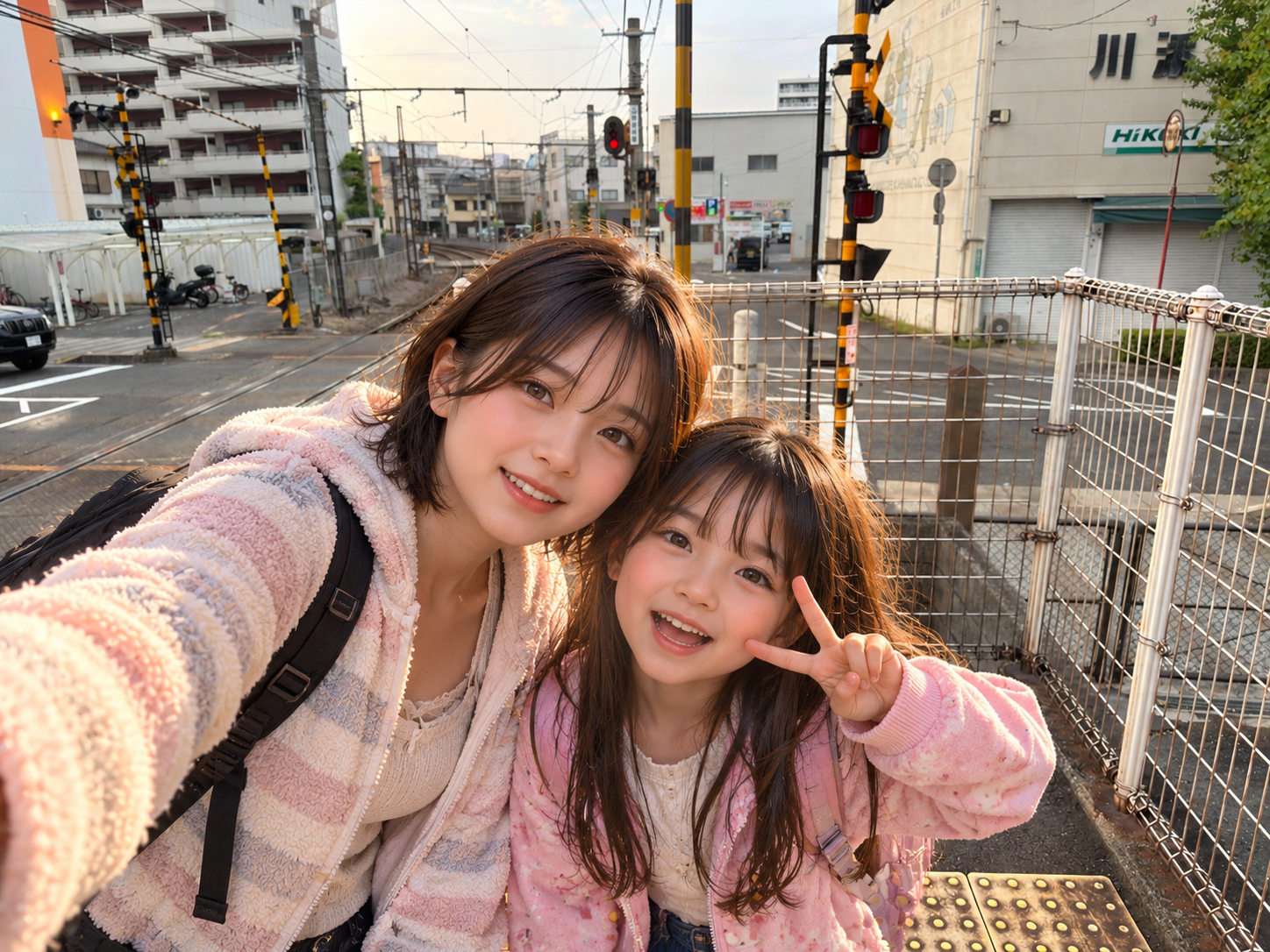 踏切付近に召喚した現在のみちると小学生姿のチビ