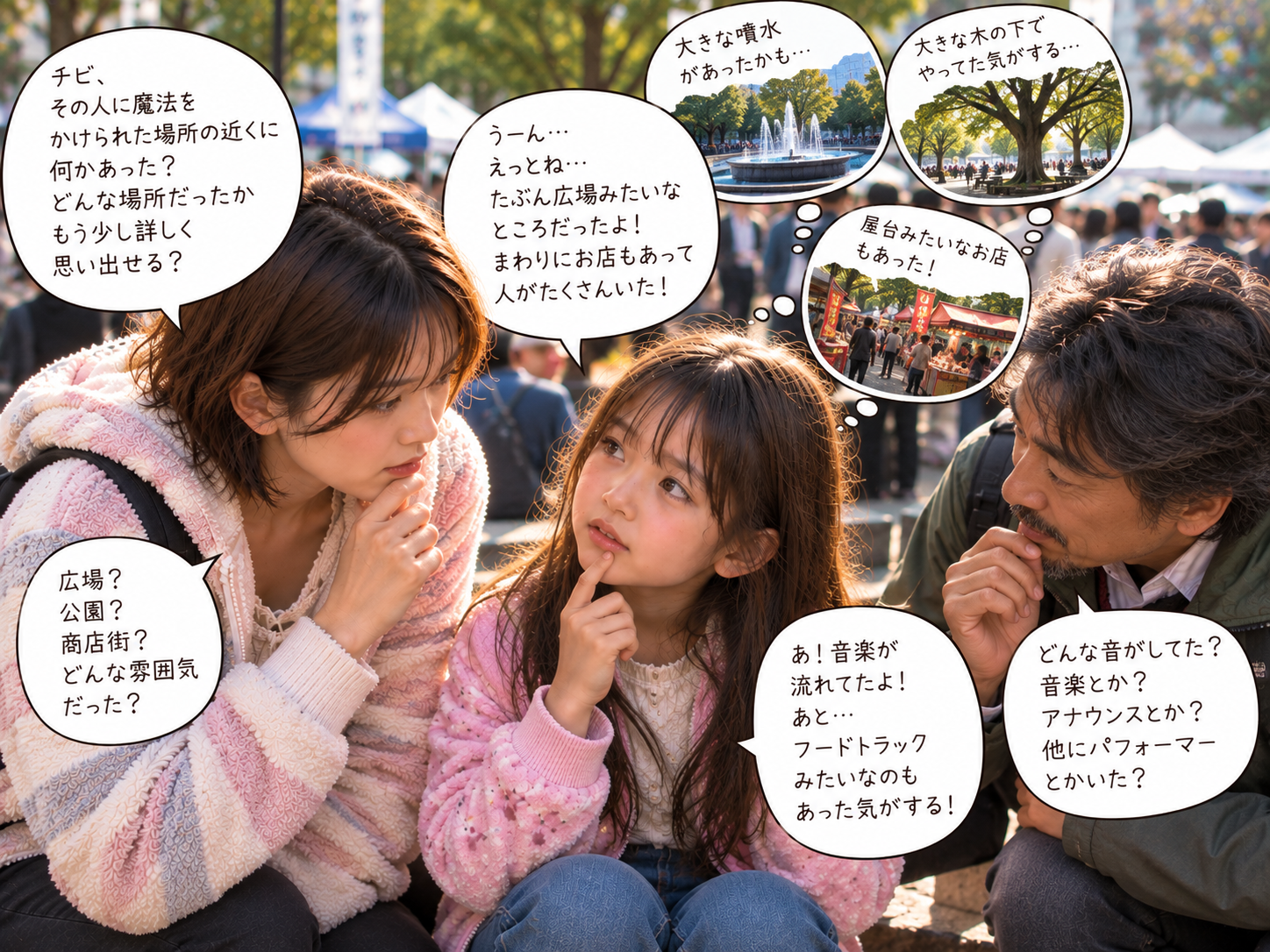 場所や人物について、さらに詳しく聞いている場面