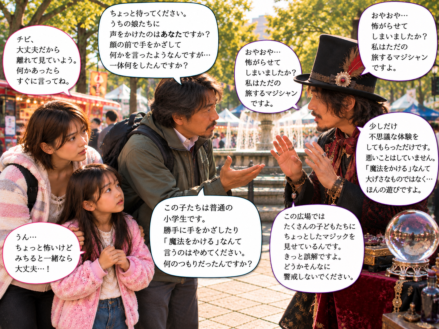 ヒトナが謎のマジシャンに事情を聞いている場面