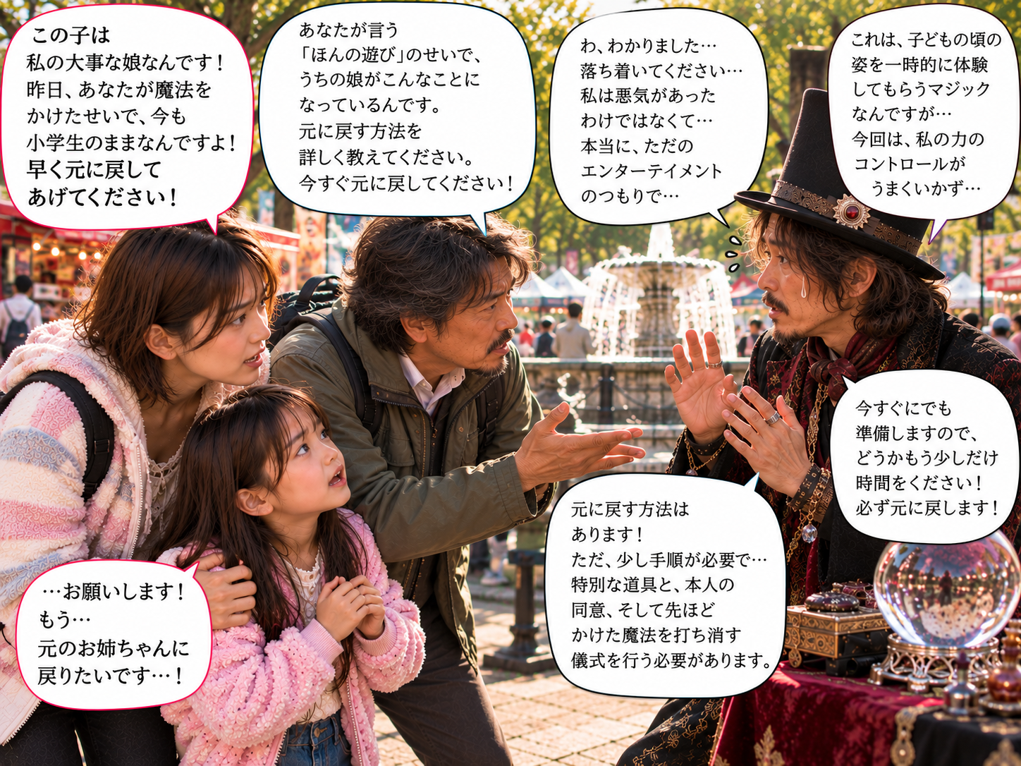チビを元に戻すようマジシャンへ迫る場面