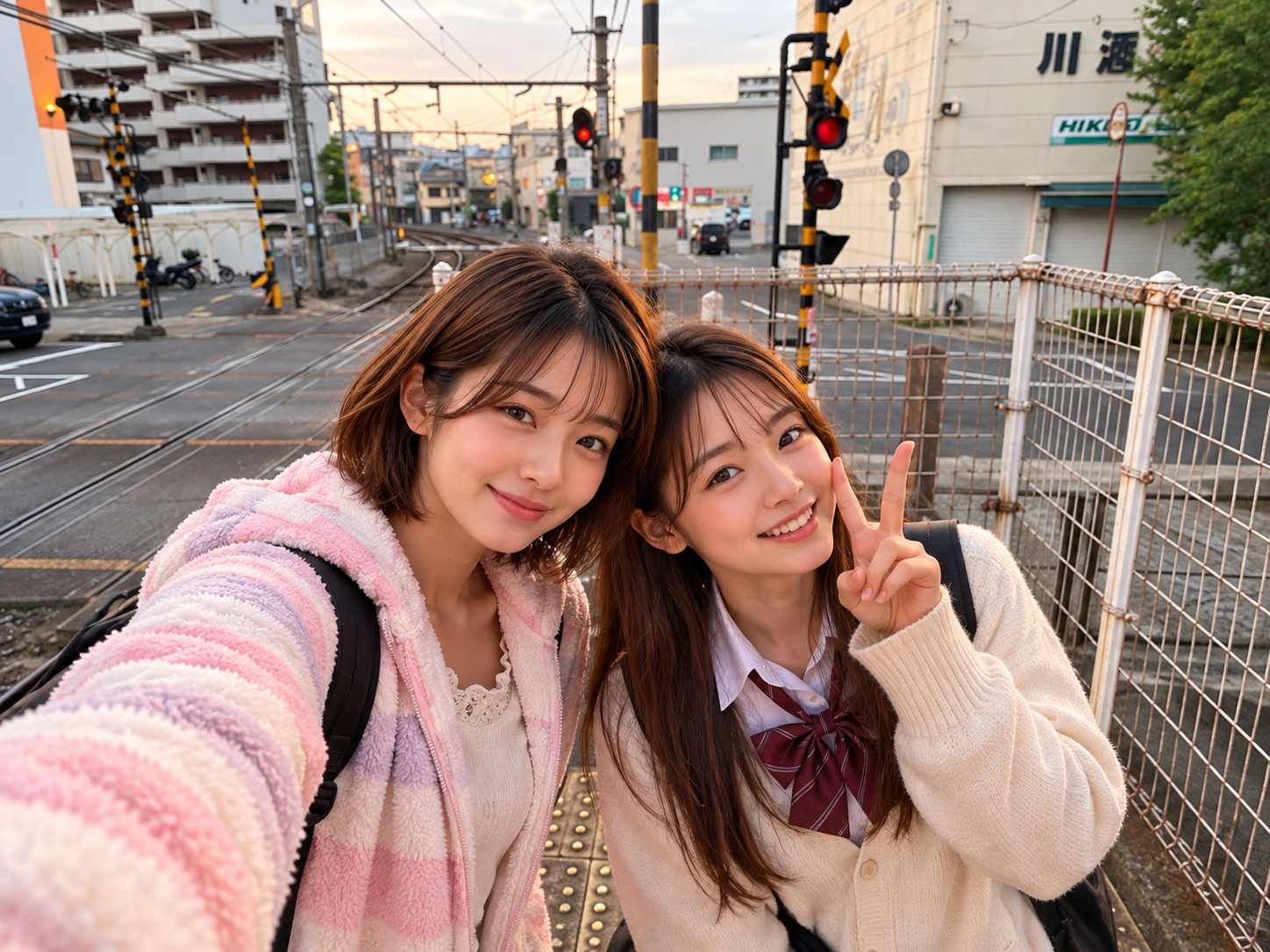 踏切付近で、元の姿に戻った二人