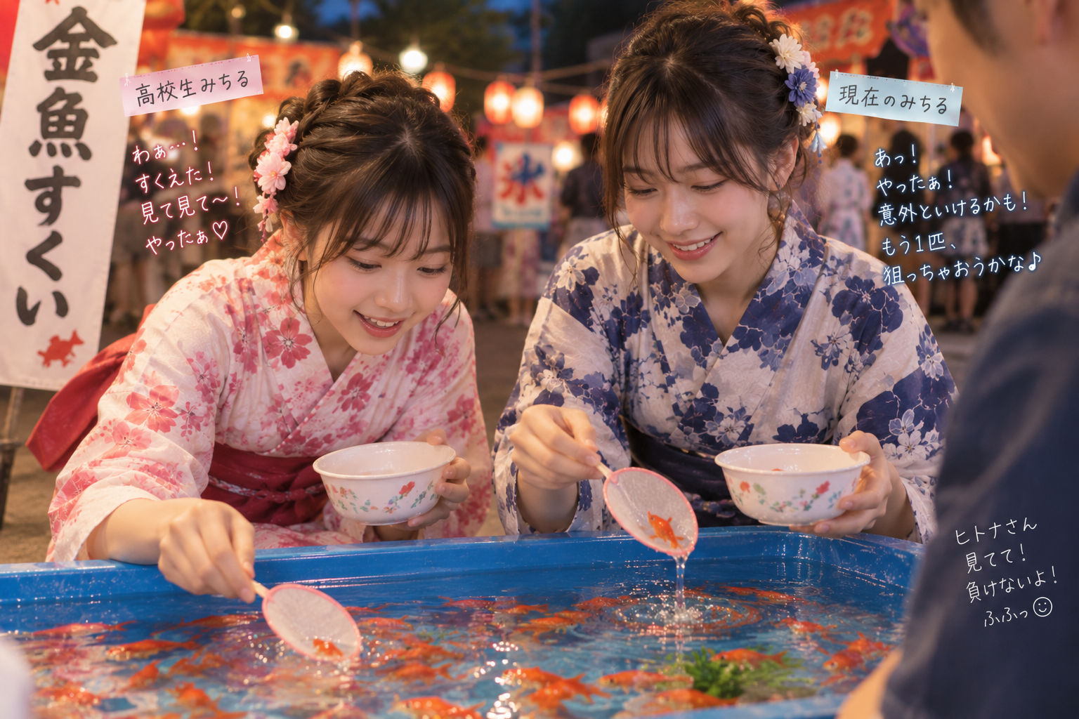 二人で金魚すくいをしているところ