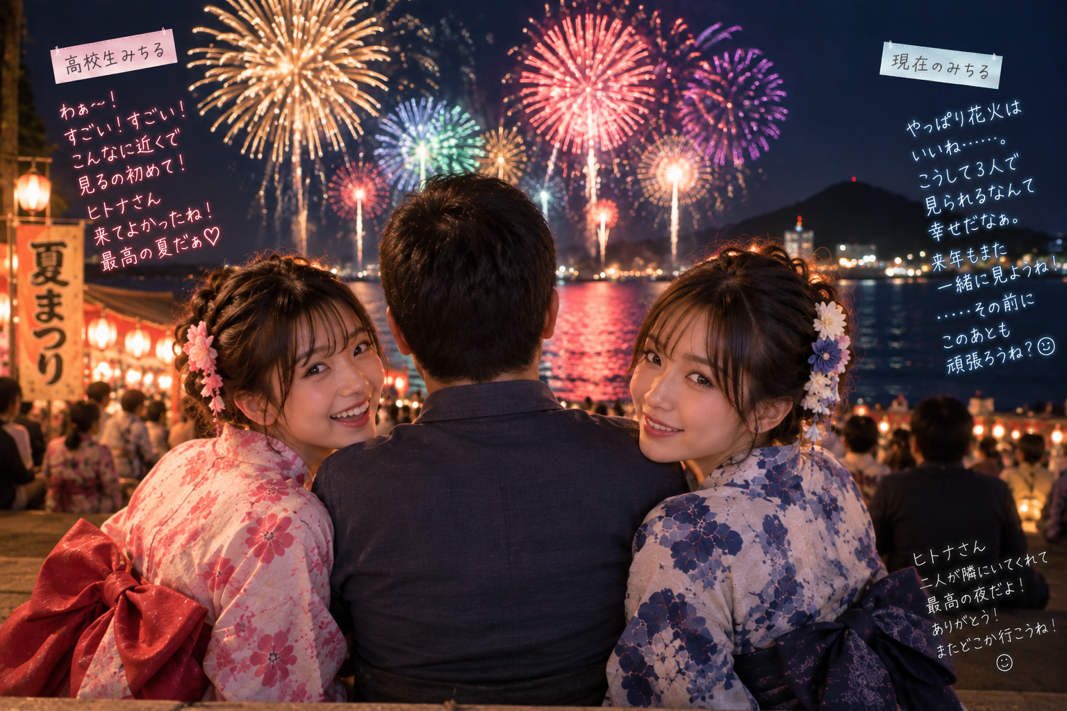 ヒトナさんと二人のみちるが並んで花火を見ている後ろ姿