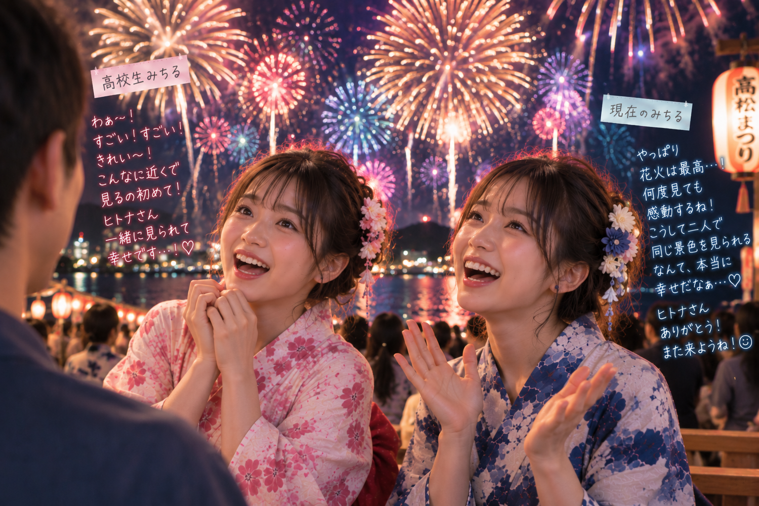 花火を見て嬉しそうな二人のみちる