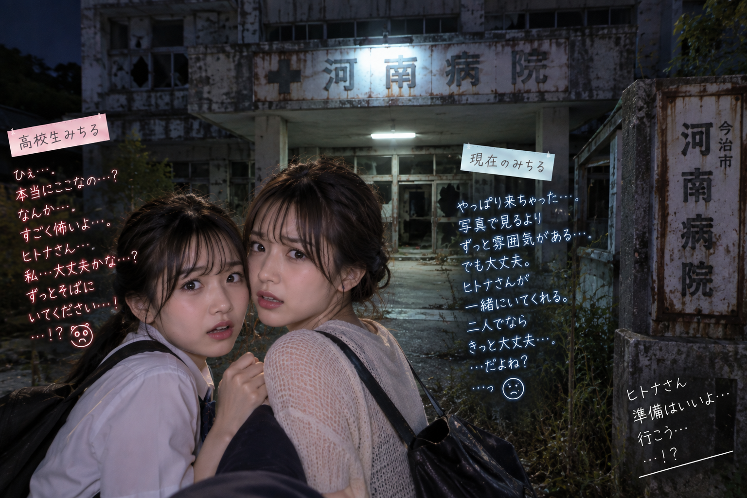 夜のAI河南病院の前に立つ二人のみちる