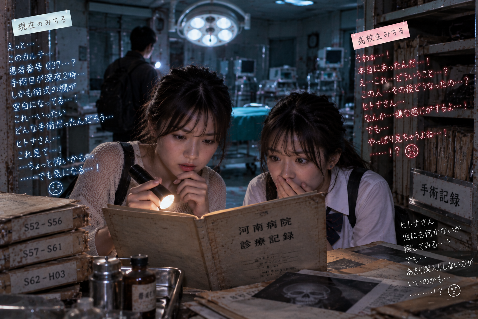 二人で古いカルテを調べているところ