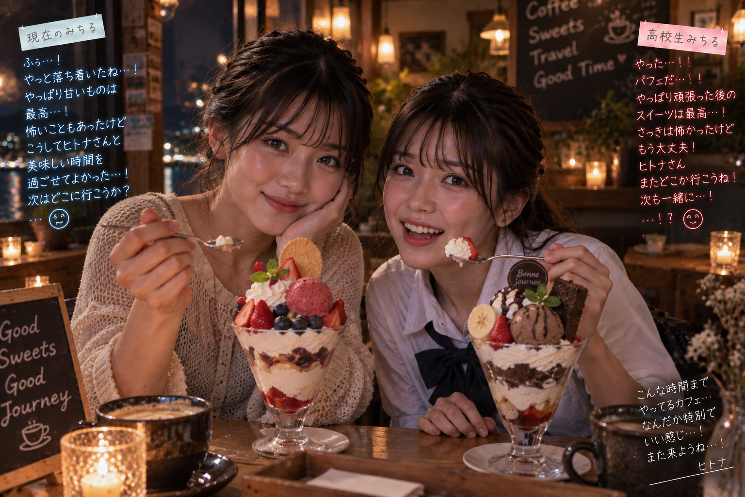 深夜のカフェでパフェを食べる二人のみちる