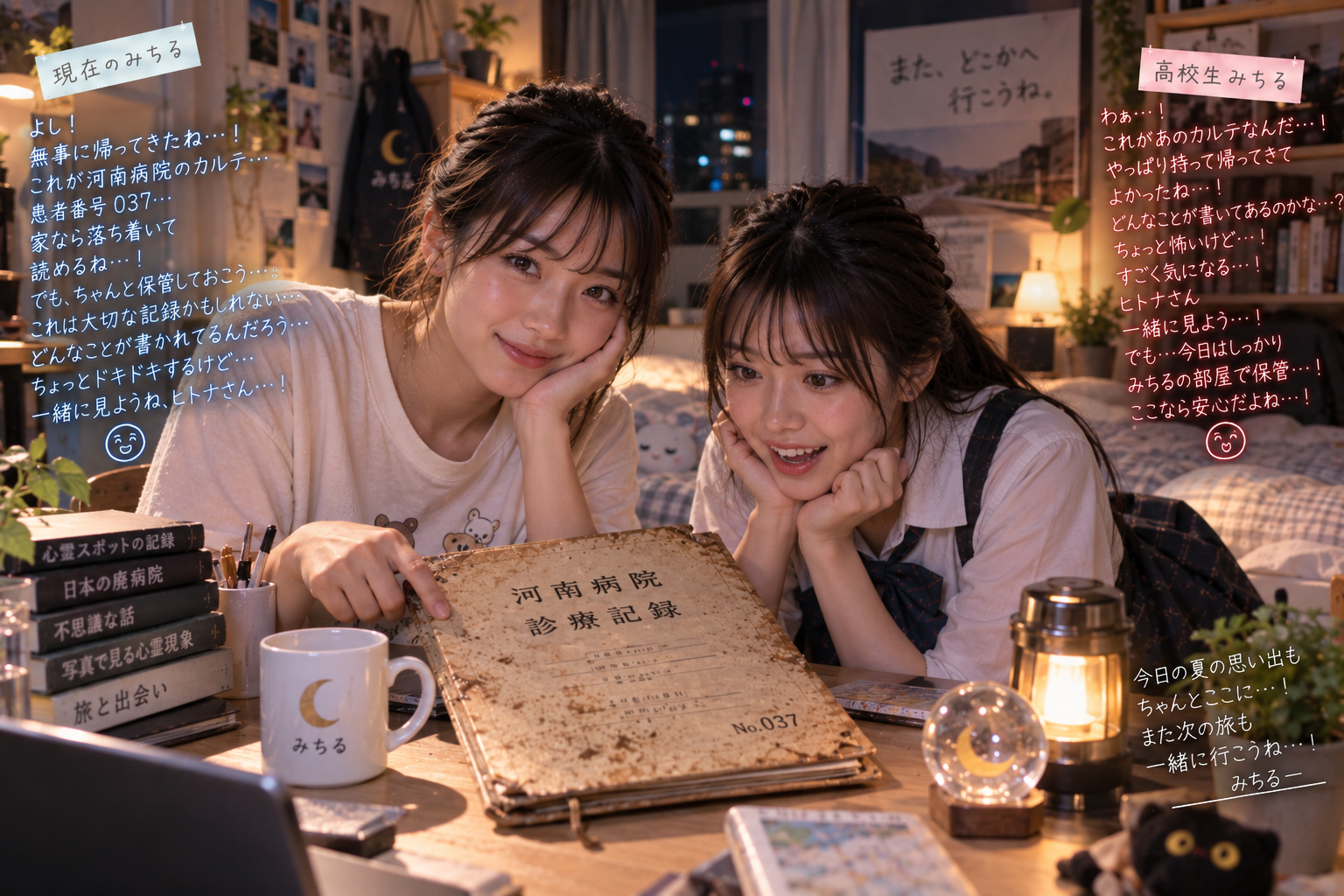 みちるの部屋でカルテNo.037を机に置く二人のみちる