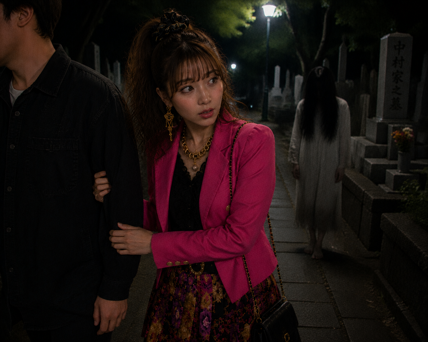 二人の後ろを何かがついてきている場面