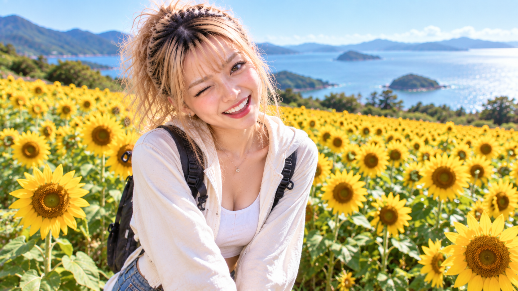 ひまわりを背景に、ヒトナの方を見るエリカ