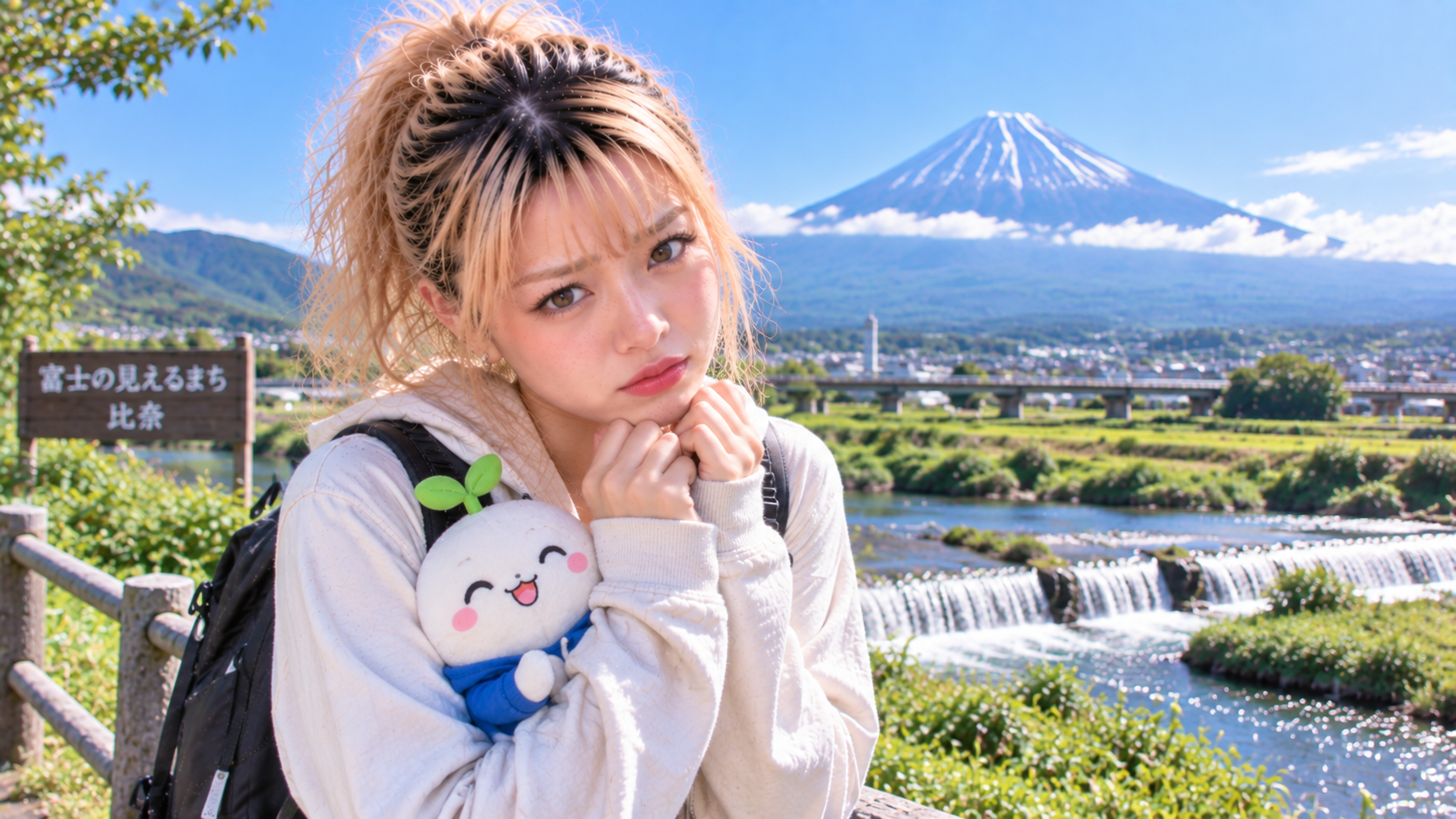 富士山を背景に立つエリカ