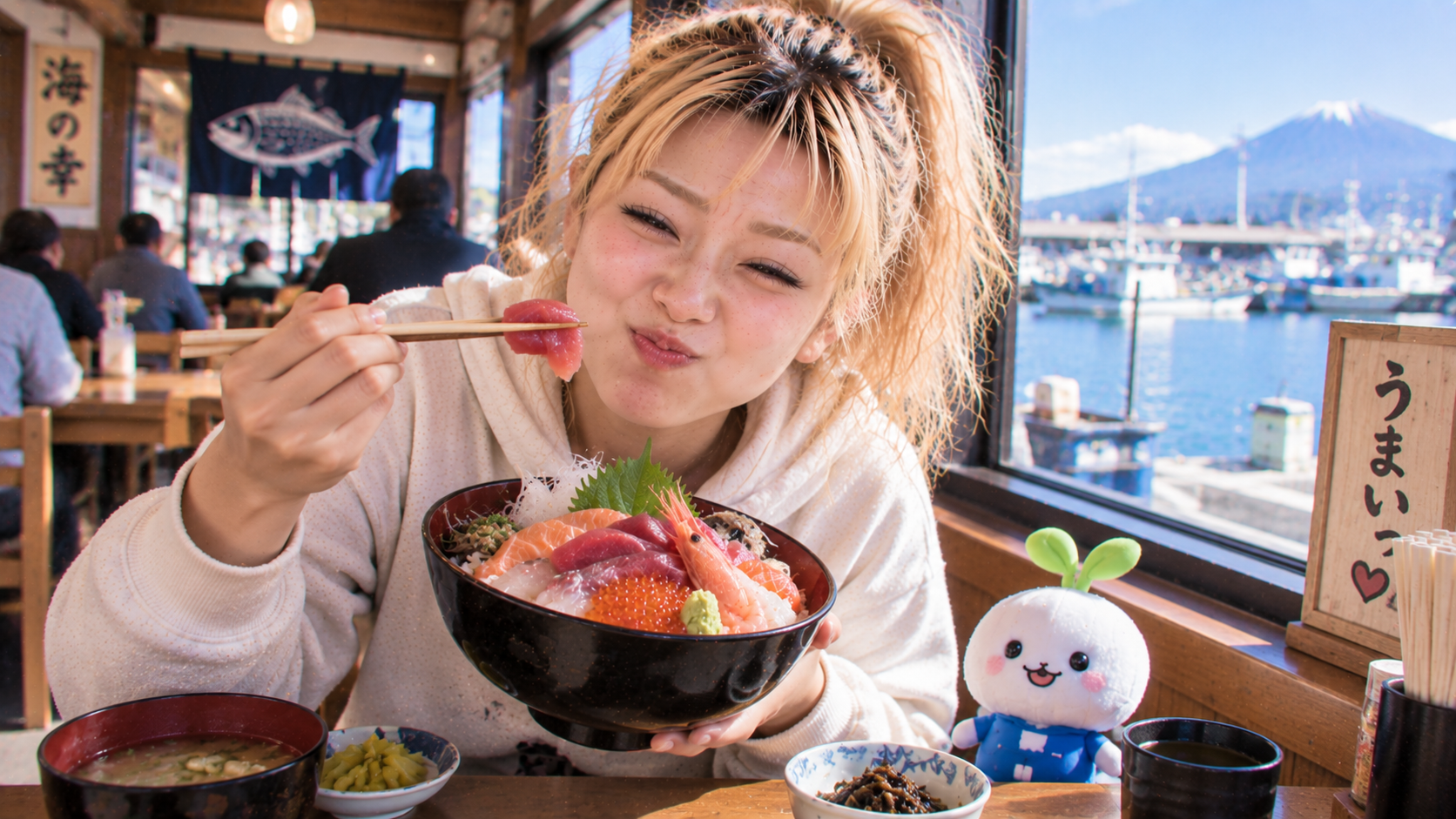 海鮮丼を食べるエリカ