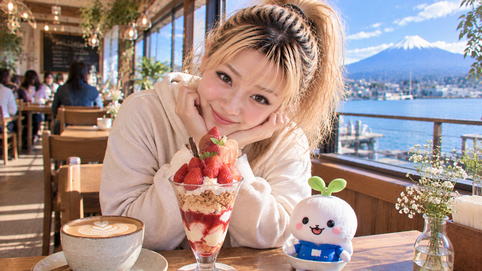 カフェで休憩するエリカとすぷらん