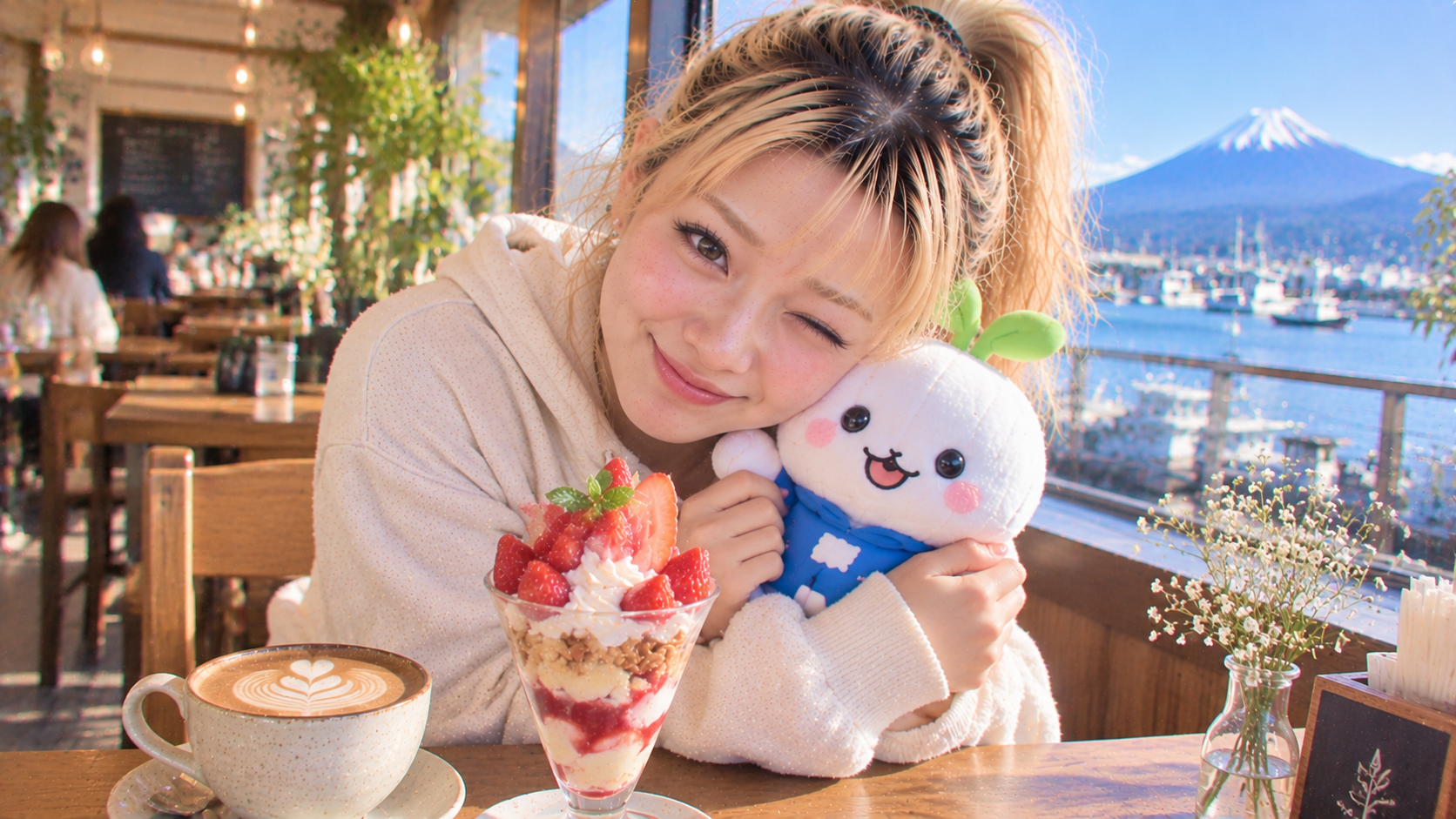カフェですぷらんを抱くエリカ