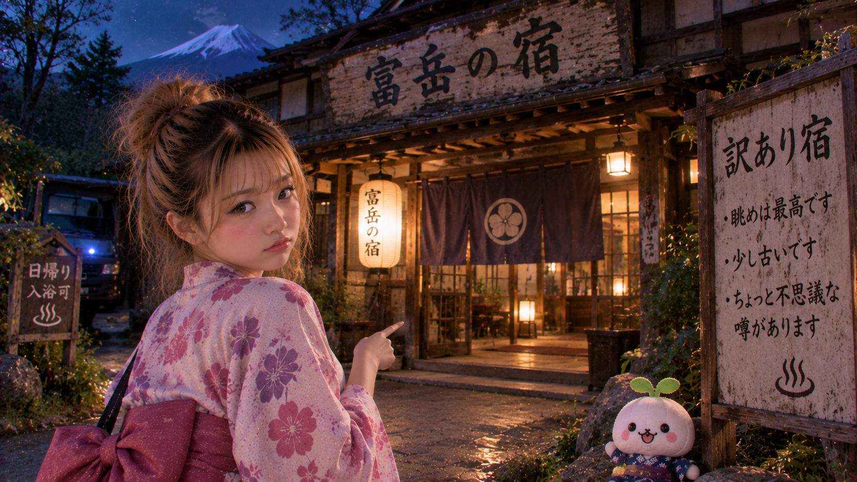 夜の古い宿の前に立つエリカとすぷらん