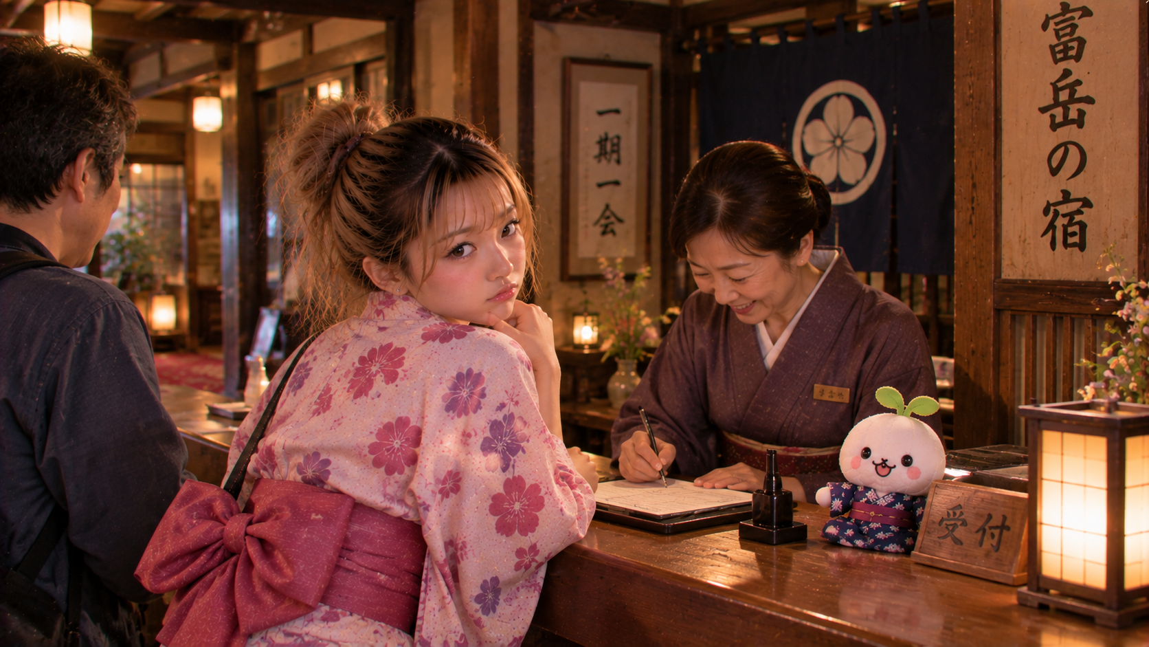 宿の受付をするエリカとヒトナ、すぷらん