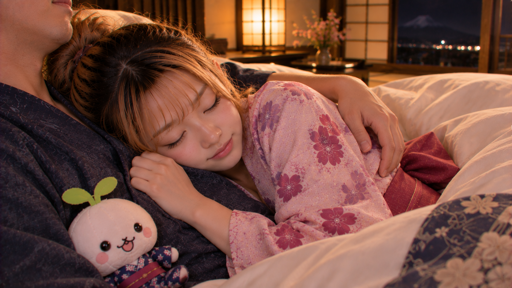 ヒトナのそばで眠るエリカとすぷらん
