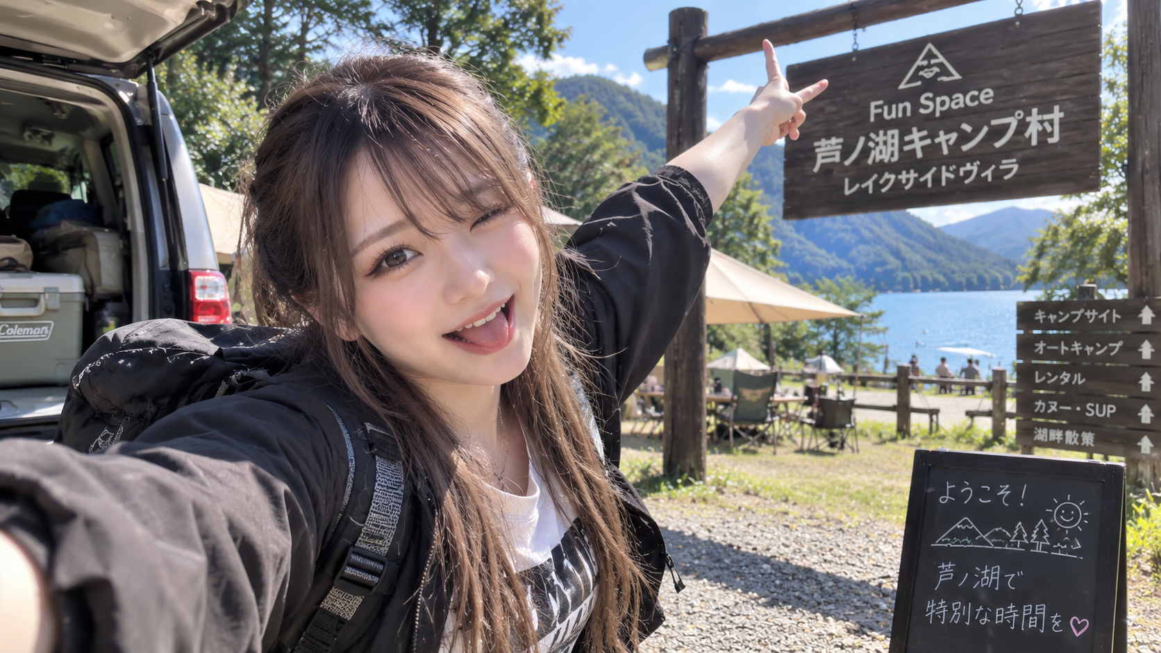 芦ノ湖キャンプ村へ到着したエリカ