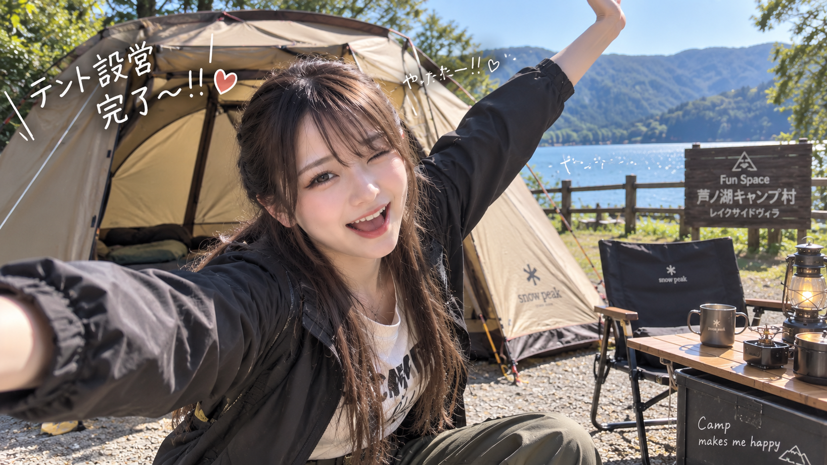 完成したテントの前で達成感MAXのエリカ