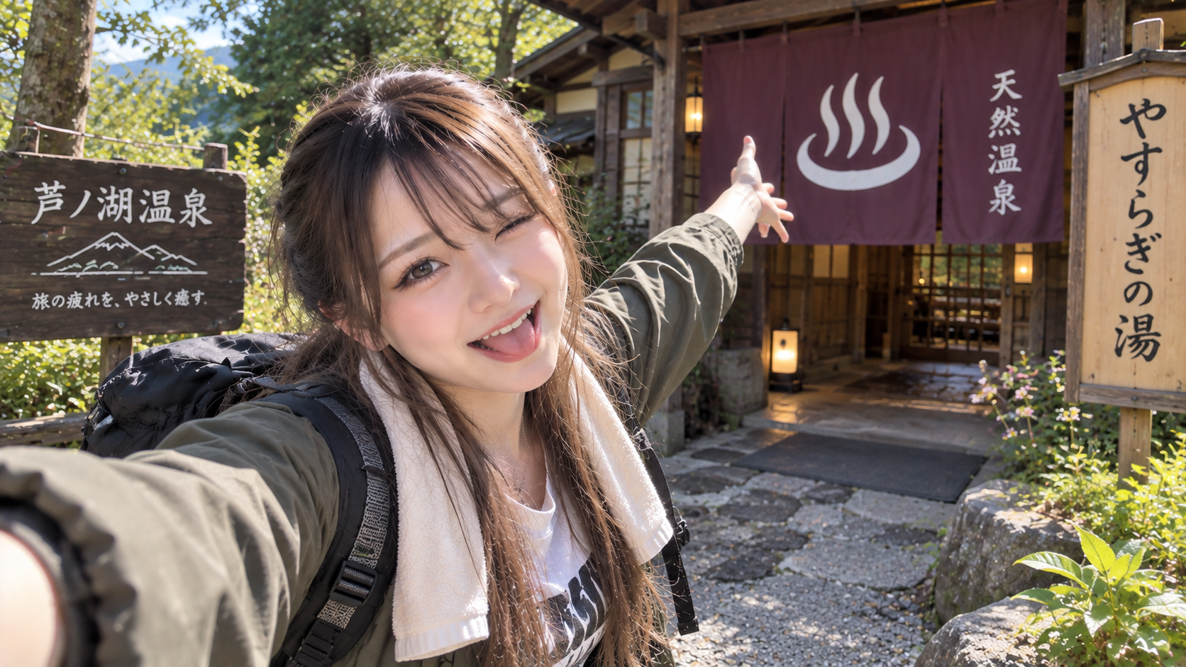 キャンプ服のまま近くの温泉へ向かうエリカ