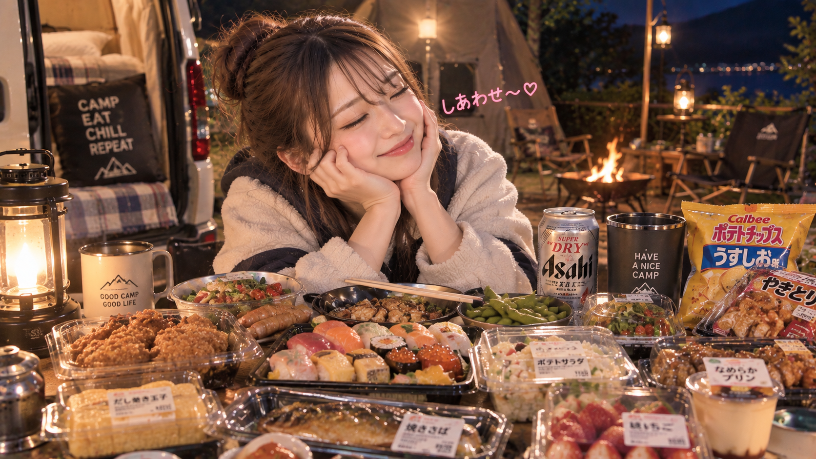 キャンプ場のテーブルいっぱいに料理を並べて満足するエリカ