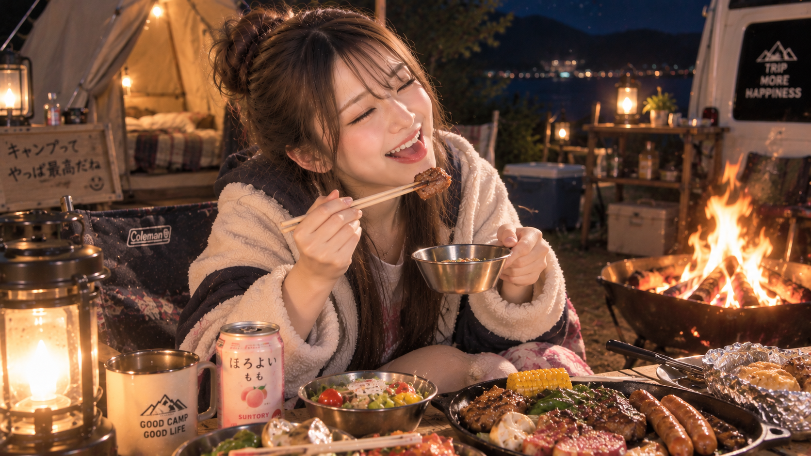 焚き火の前で食事を始めるエリカ