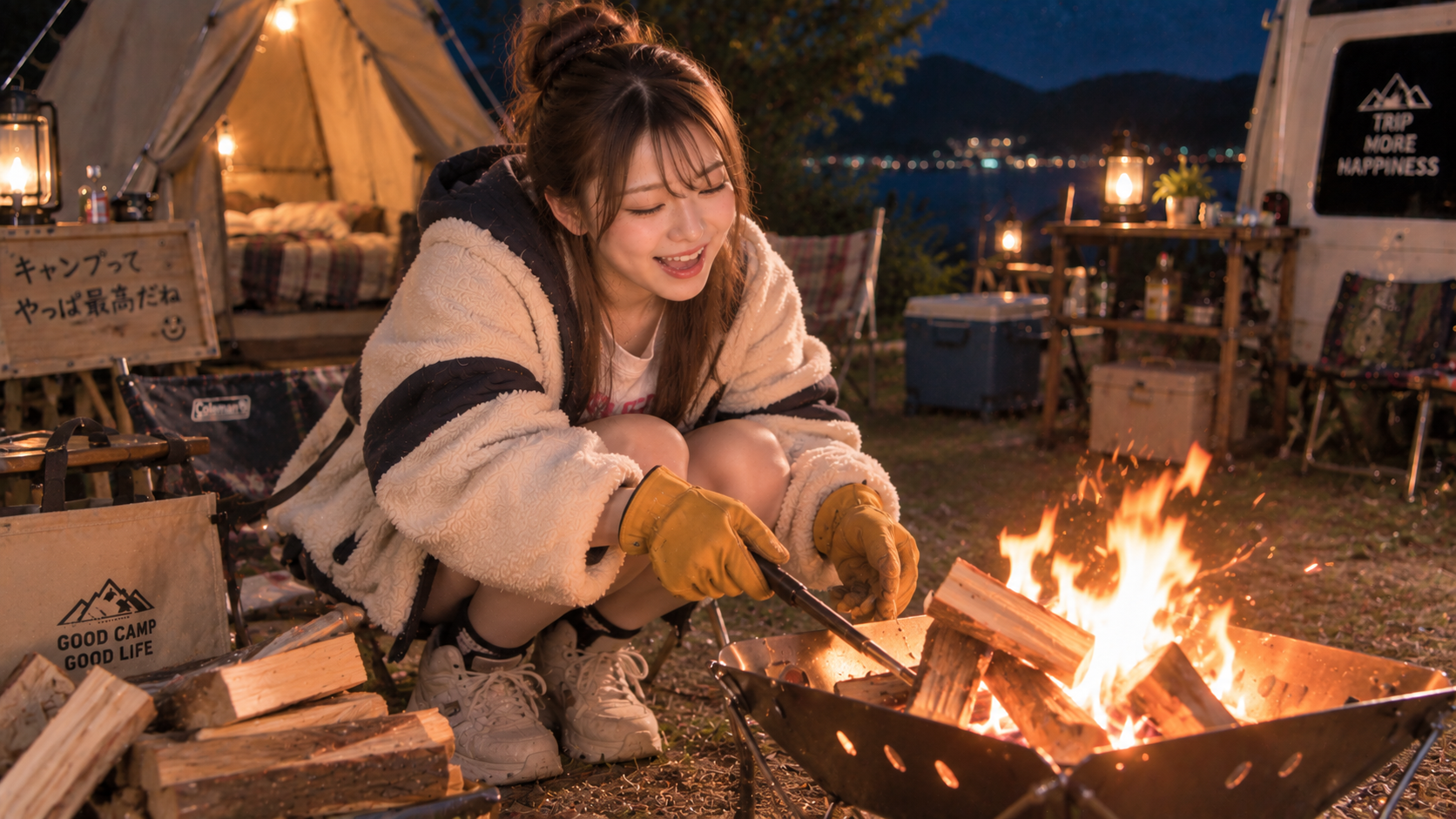 焚き火を楽しむエリカ
