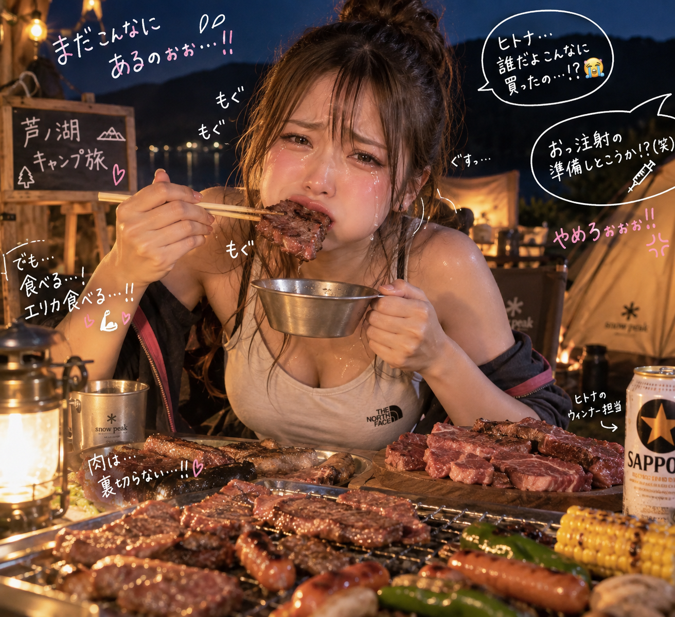 涙目になりながら必死に肉を食べるエリカ