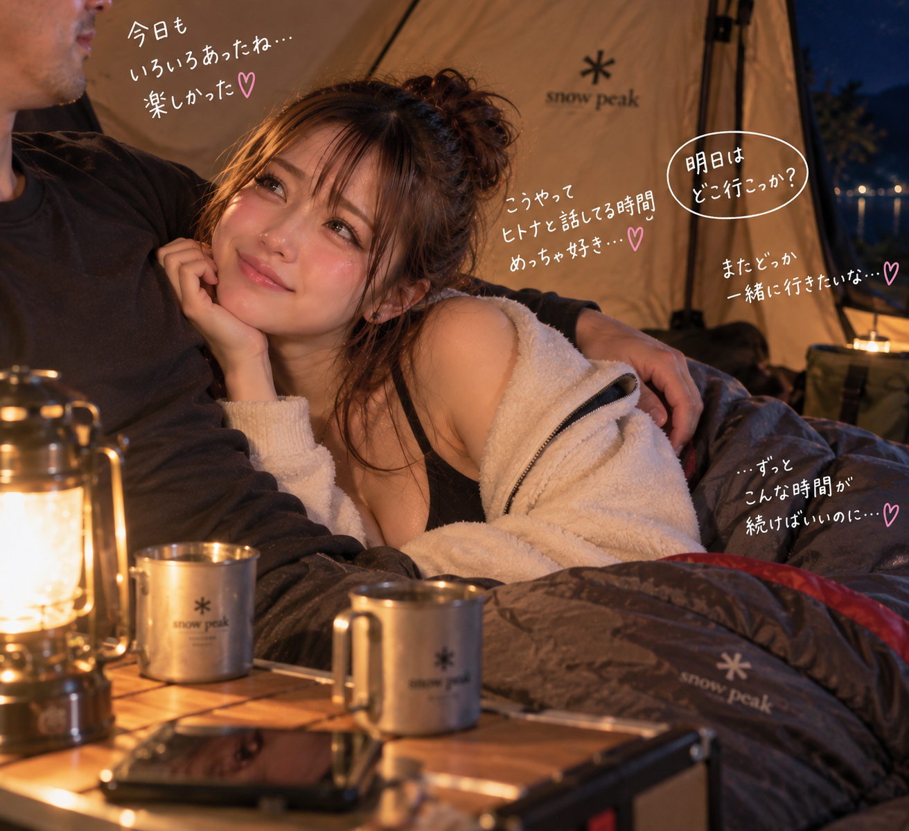 テントの中で寄り添いながら話すエリカ