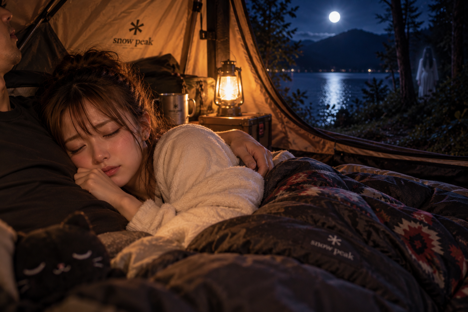ヒトナに寄り添って眠るエリカと、遠くからこちらを見る白いもの