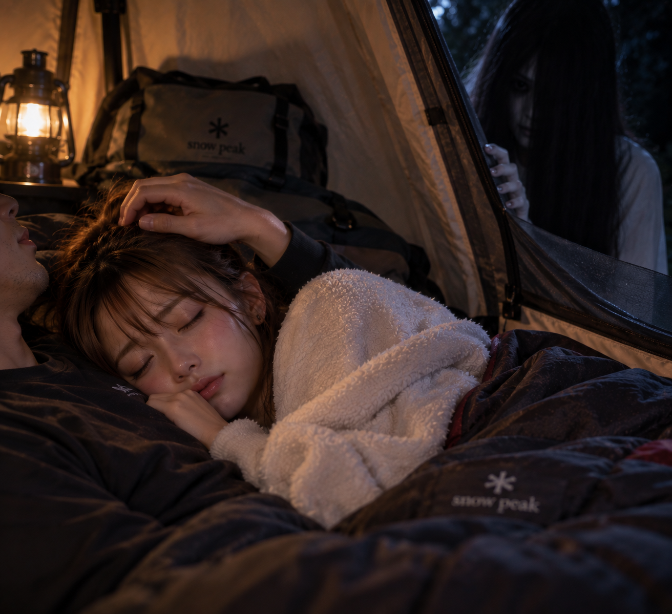 眠るエリカの頭をヒトナが撫で、その近くから白いものが見ている