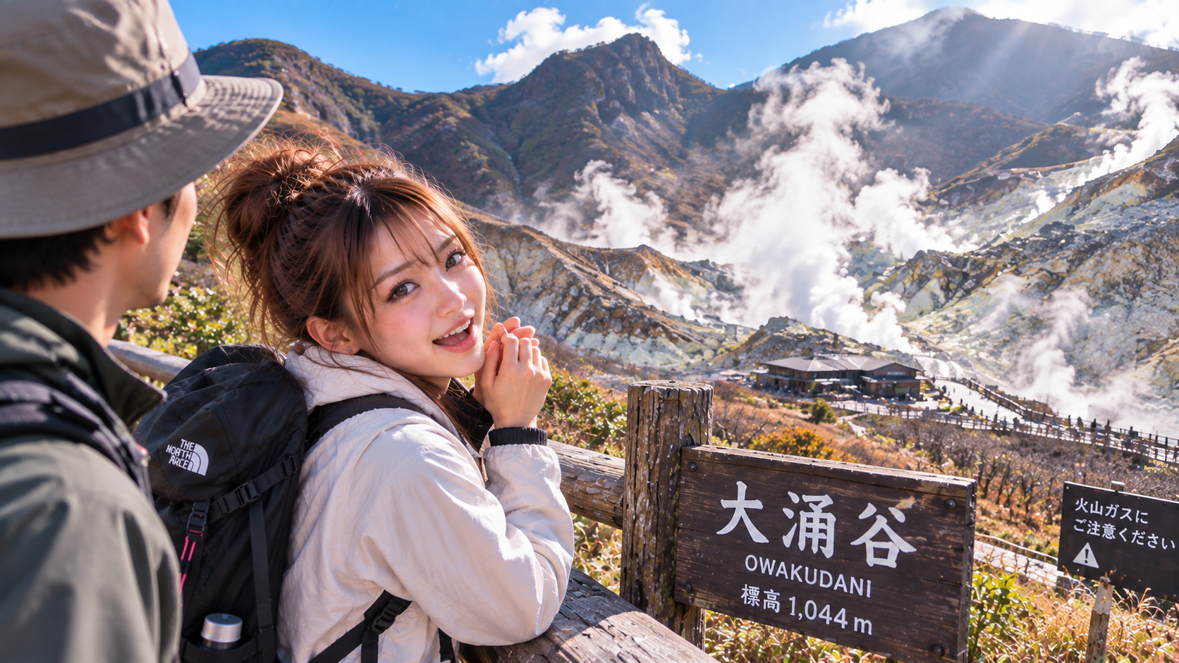 大涌谷を見て二人で感動している
