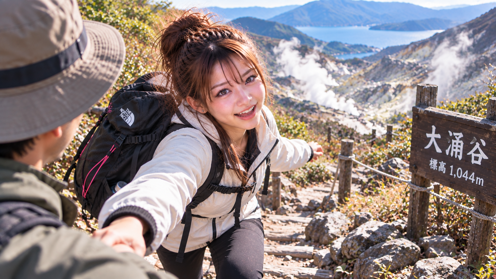 大涌谷をあとにして、笑顔で登山道を登っていくエリカ